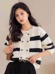 H Han Queen 2024 Autumn Fashion Double-Breasted Knitted Coats Cardigan Sweater Women's Tops Basic Striped Long Sleeve Cardigans