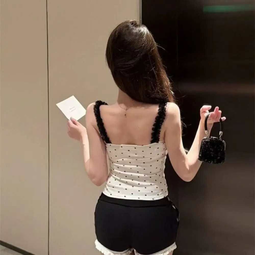Mode Spicy Girl Stil Ärmelloses Crop Top V-ausschnitt Slim Fit Frauen Hosenträger Top Mesh Dot Süße Spitze Leibchen mit Pads Meer