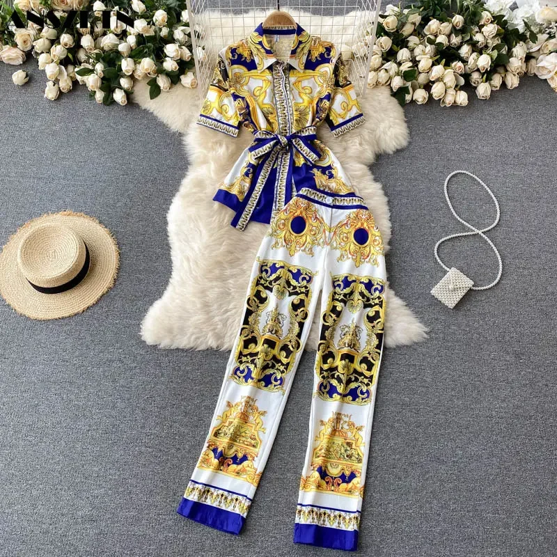 Suit women's summer fashion short sleeve shirt women's printed wide-leg pants two piece set