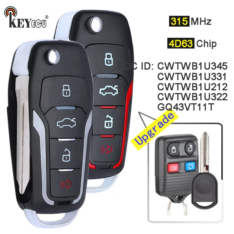 KEYECU 315MHz CWTWB1U331 Upgraded Flip Remote Key Fob 3+1 4 Button for Ford Explorer, for Lincoln Town Car LS, for Mercury Sable