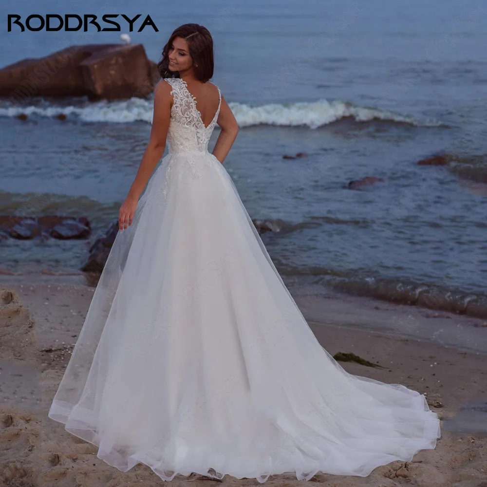 RODRSYA Beach Lace Vestido de Noiva 2024 mangas Applique Scoop Noiva Vestidos de feRODDRSYA Praia Lace Vestido De Noiva 2024 Sem Mangas Applique Scoop Noiva Vestidos De Festa A Linha De Tulle Backless vestidos de novia