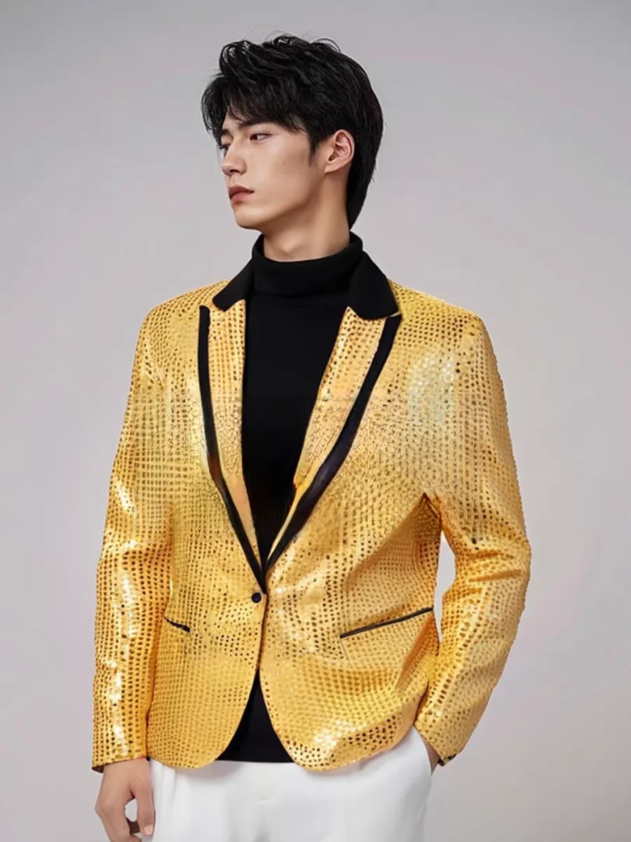 Red Navy Blue Gold Silver Black And White Shiny Piece Suit Jacket Male Singer Leading Dance Hosting Stage Performance Costume