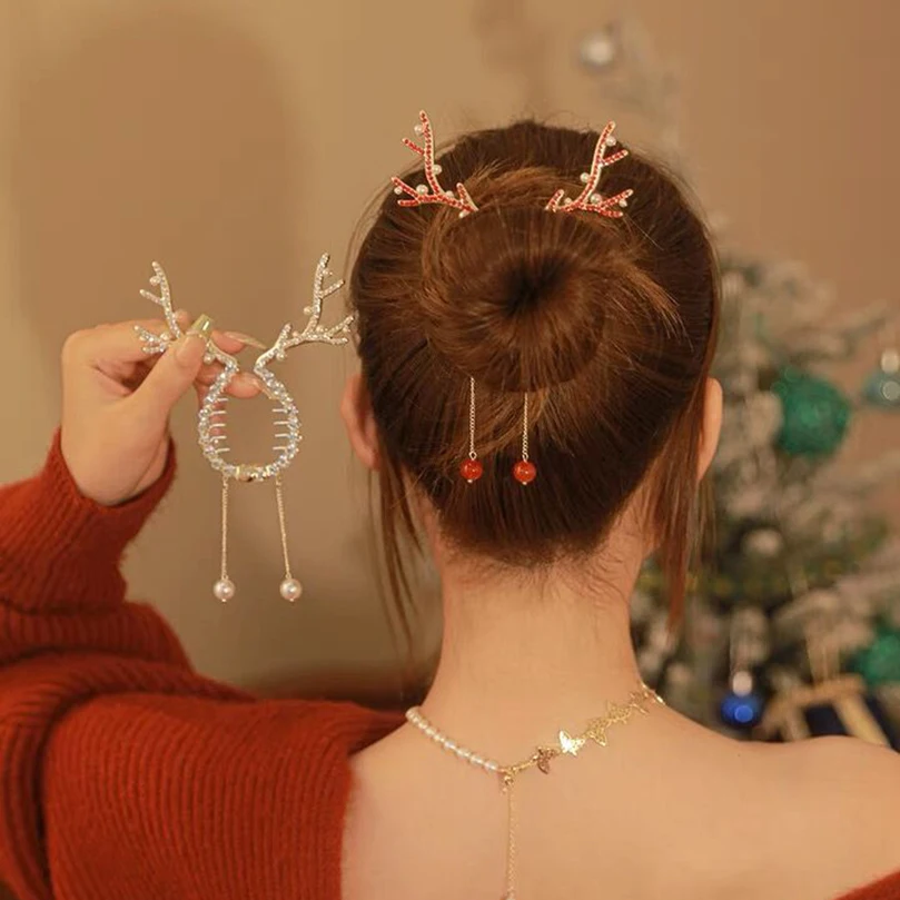 AWAYTR  New Christmas Hairpin Girls Women Festival Elk Horn Tassel Ponytail Button Hair Clip Golden Fashion Hair Accessories
