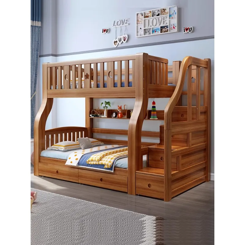 Walnut wood two-layer children's up and down bed, boy's high and low bed, solid wood double mother bed