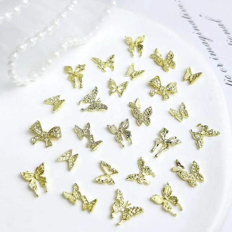 20PCS Light Luxury Alloy Gold Bows Nail Charms Hollowed-out Butterfly Mini Tie Nail Decorations for DIY Manicure Accessories