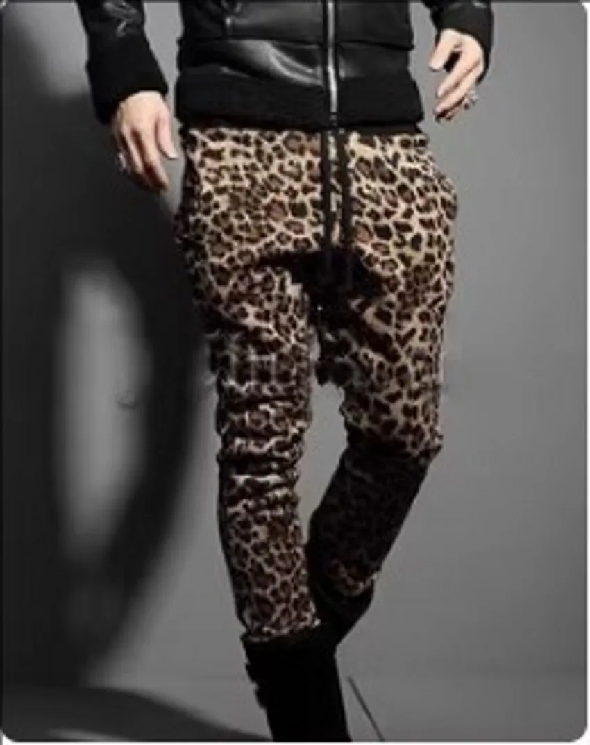 28-44 Plus Size Autumn Winter Men's Trousers Personality Handsome Leopard Print Slim Casualsports Pants Men Singer Costumes