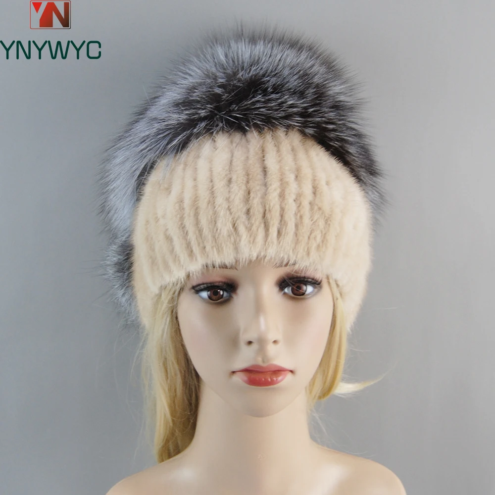 New Russian Mink Fur Cap With Fox Fur Pom Poms Female Warm Thick Luxury Womens Winter Knitted 100% Real Sable Fur Hat Fur Beanie