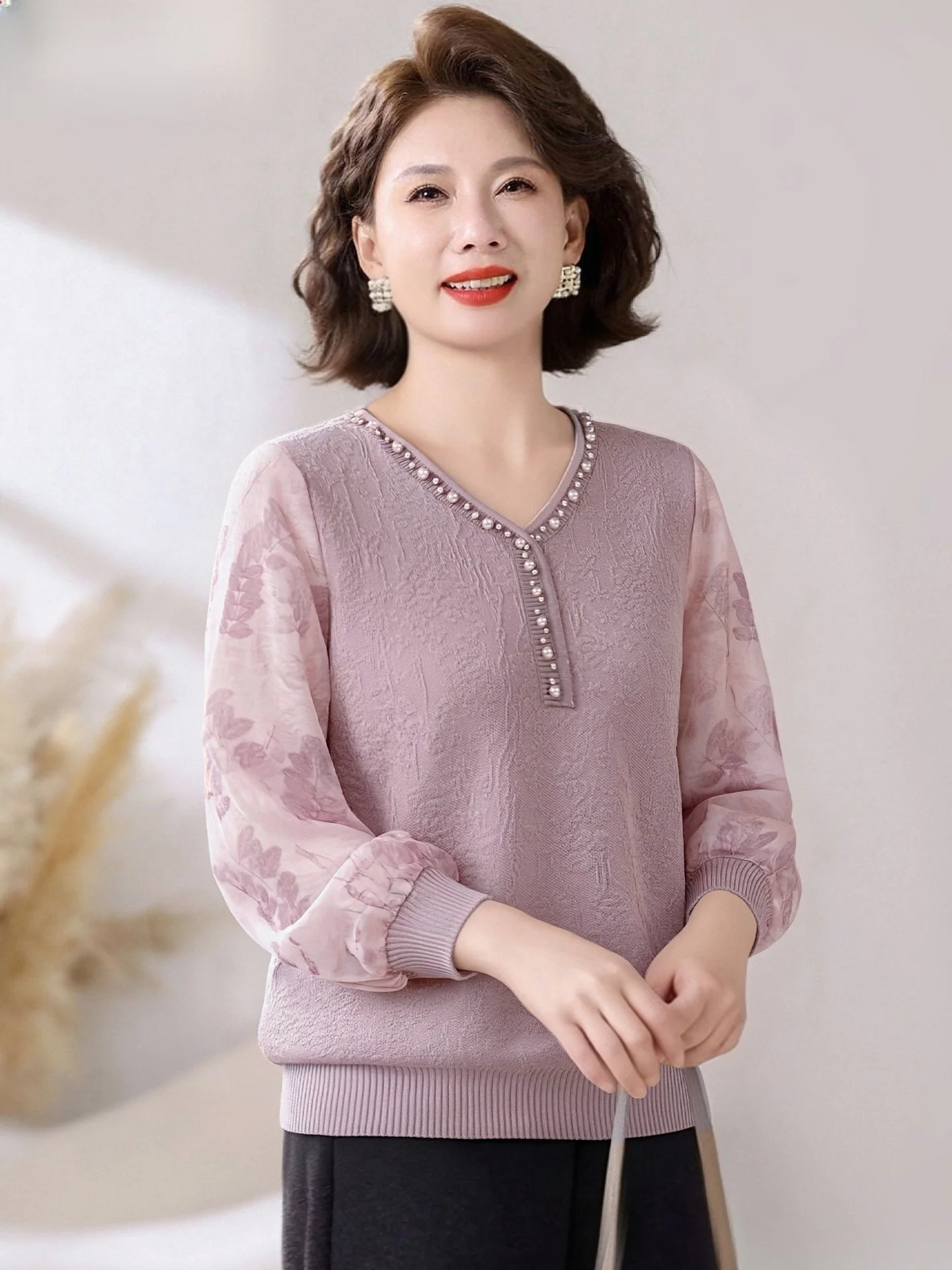

Spring Knitted Top Light Svel Faionable Mid-aged Mommy Wear Polyester Fiber Loose Fit Regular Sve Plant Floral Pat...