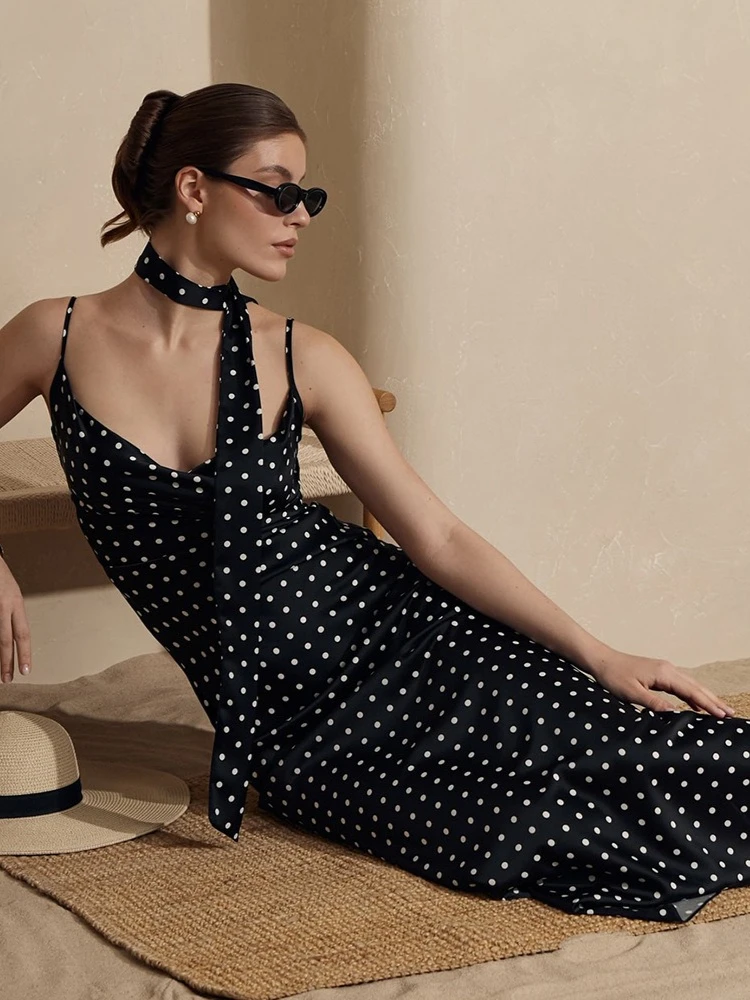 Tossy Fashion Printing Polka Dot Long Dress For Women Sleeveless Slim Contrast Lace-Up V-Neck Party Dress Female Maxi Dress 2026