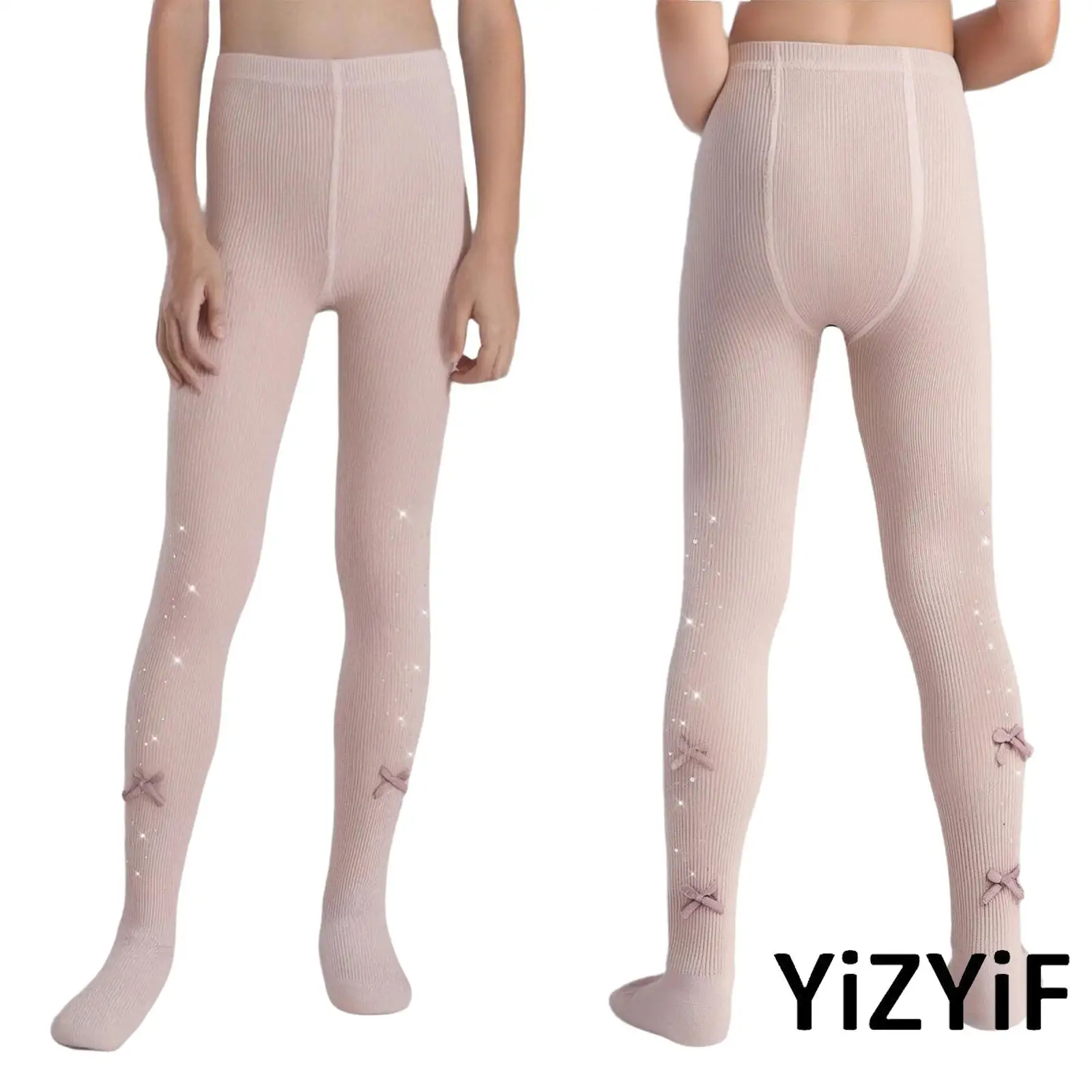 Girls Cute Bowknots Shiny Rhinestone Tights Stretchy Ribbed Pantyhose Elastic Waistband Solid Color Footed Gymnastics Leggings