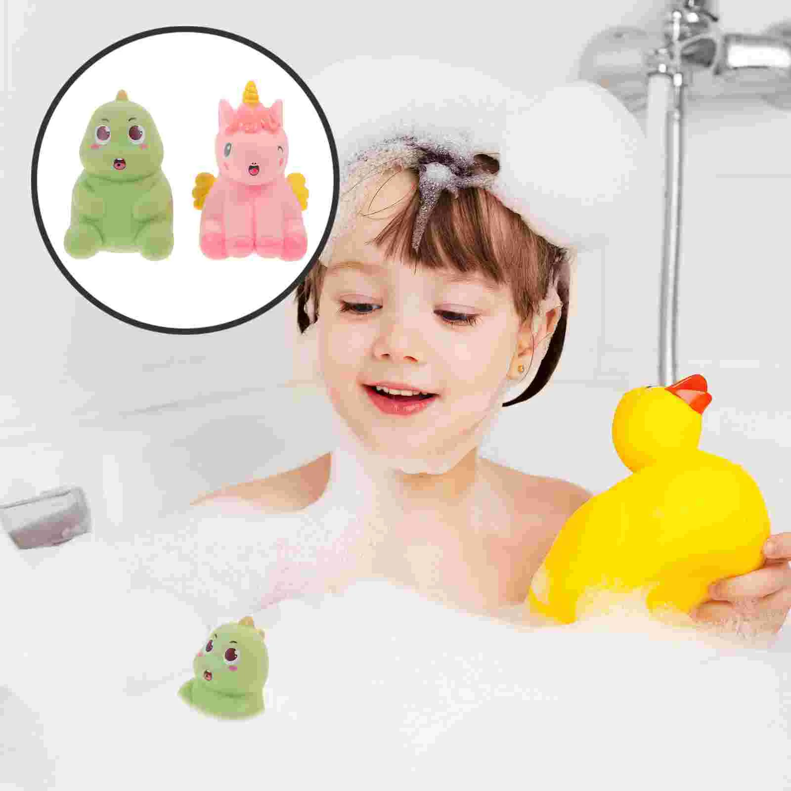 2 Pcs Baby Bath Toys Infant Water Spray Rubber Dinosaur Cartoon Shower Squeezable Toys for Kids Pool Party Gifts