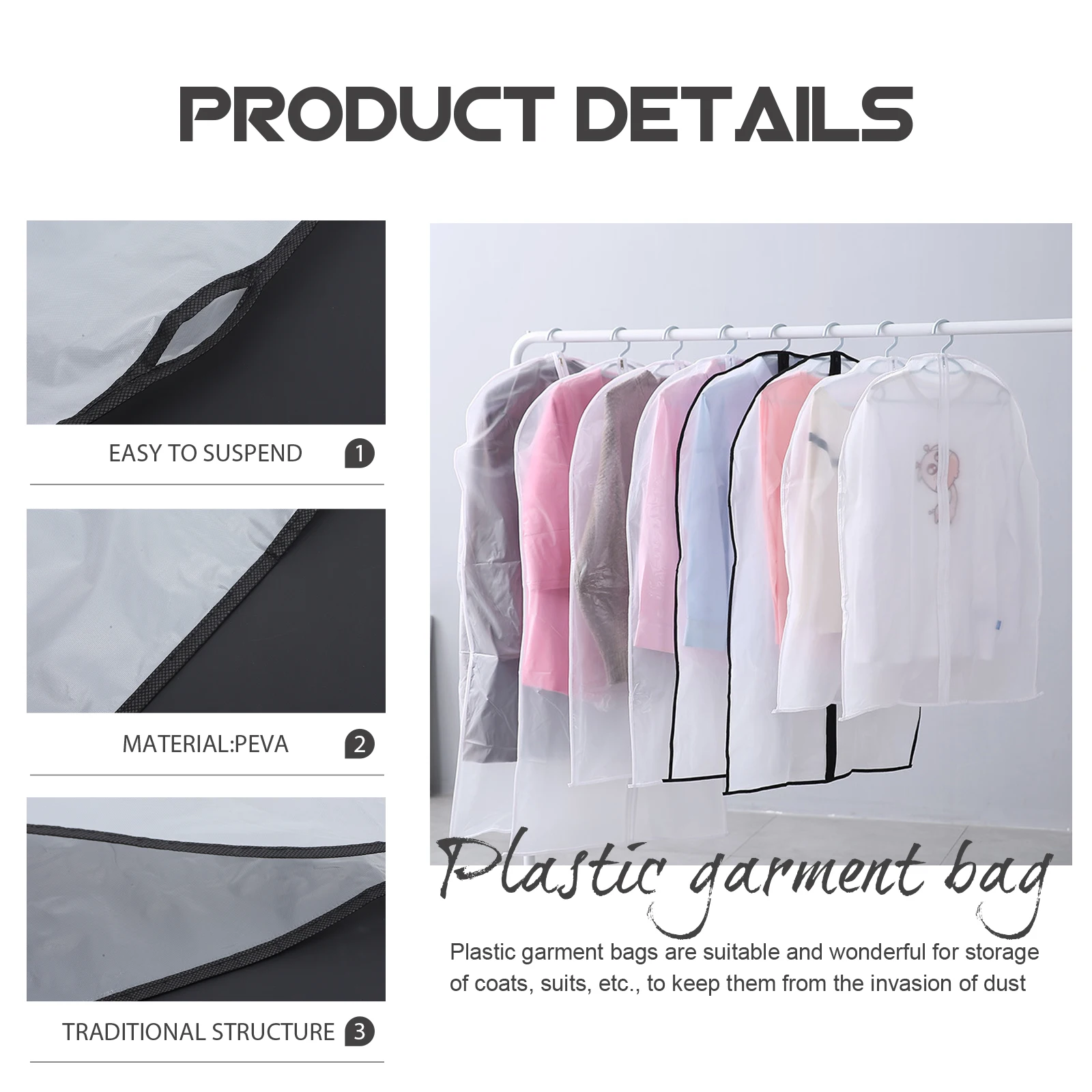 

5Pcs Dustproof Garment Bags Plastic Clothes Covers Reusable Clothing Storage Bag for Hanging Wardrobe Organizer