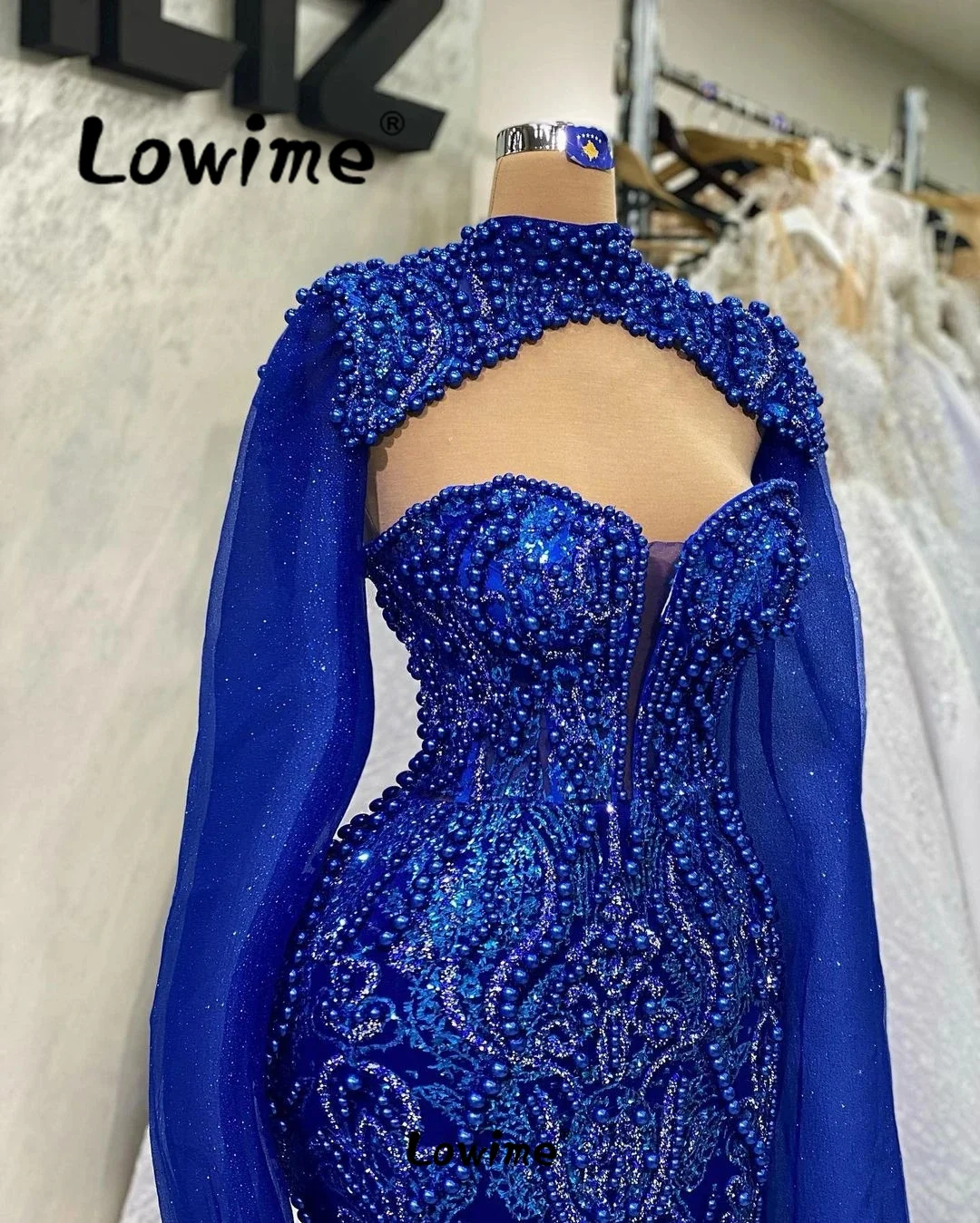 Royal Blue Full Beaded Women Evening Dresses Formal Cape Sleeve Diamodns Shiny Pearls Prom Dresses Custom Made Party Gowns Robes