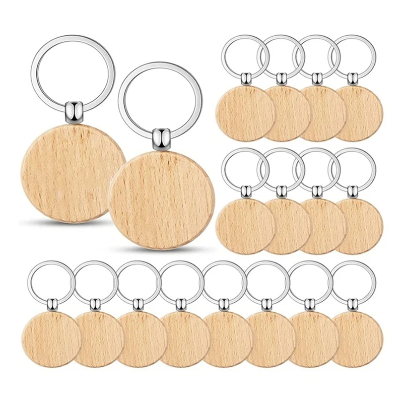 60Pcs Blank Round Wooden Key Chain Diy Wood Keychains Key Tags Can Engrave Diy Gifts