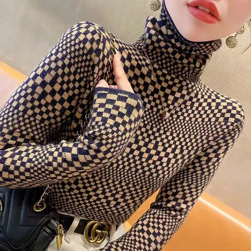 Turtleneck Temperament Bottoming Shirt Women Autumn Winter Fashion Printing Long Sleeve Sweater Casual All-match Knitting Tops