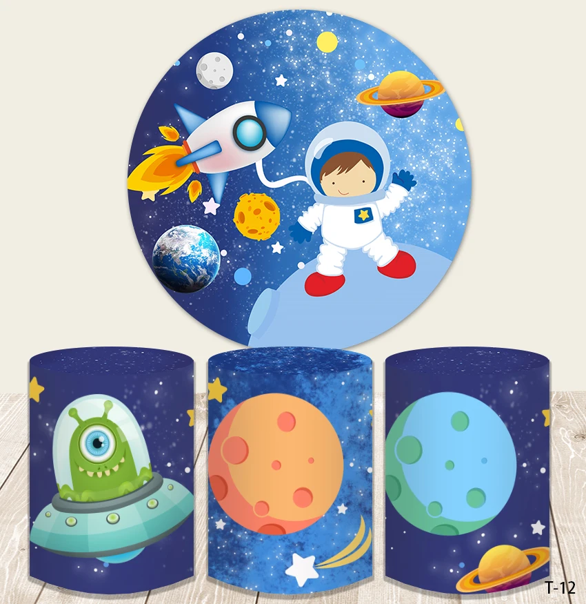 Cartoon Astronaut Space Round Backdrop Cover Balloons Stars Boys Baby Shower Birthday Party Circle Background Elastic