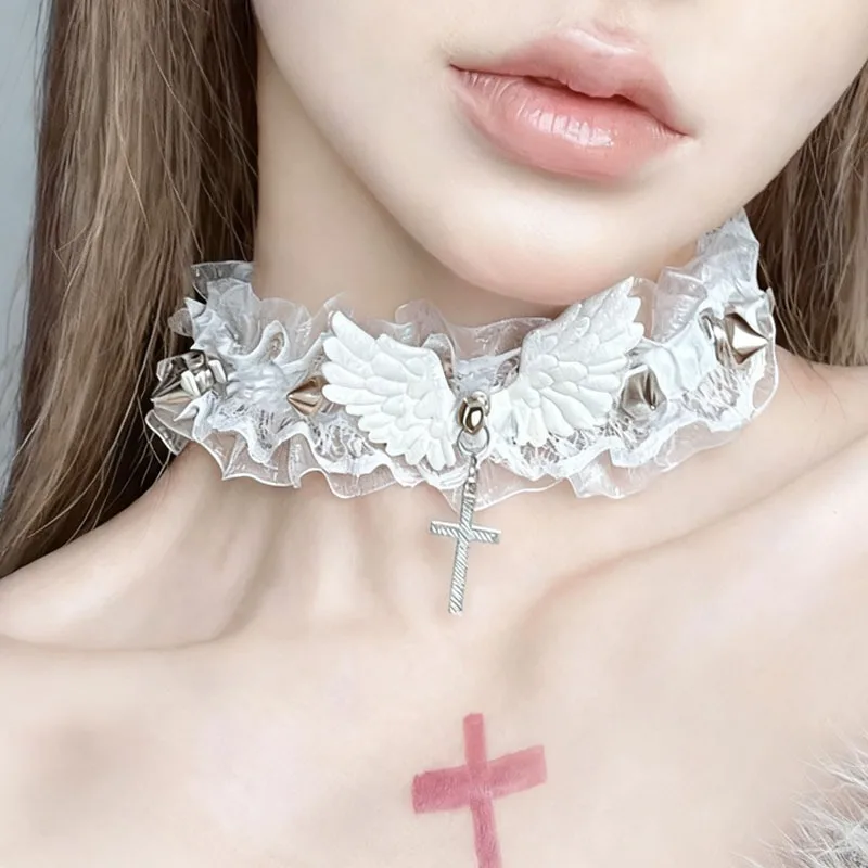 Naszyjnik Y2K Skrzydła Anioła Damski Dziewczęcy Szeroka Koronka Nity Lolita Koronkowy Choker Modny Jednolity Kolor Fajny Skórzany Naszyjnik Do Noszenia Na Co Dzień
