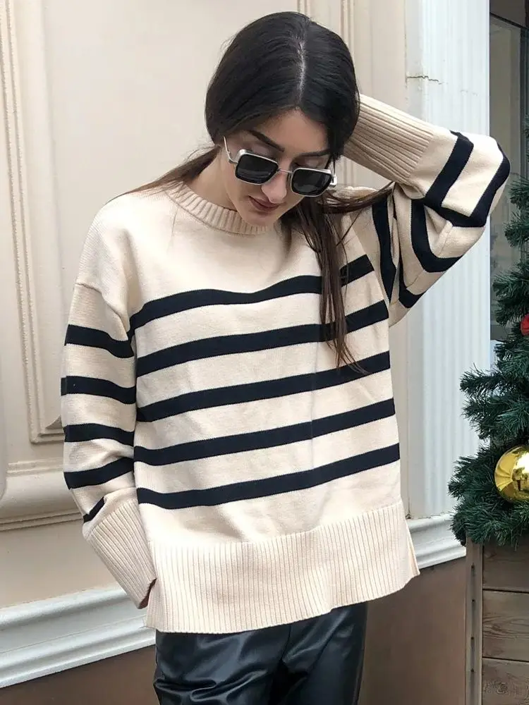 Autumn Winter Basic Sweater Women Long Sleeve O-Neck Pullovers Oversized Loose Striped Casual Jumper Tops Women 2025 New Sweater