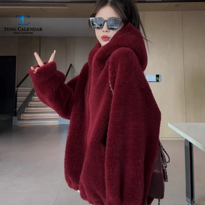 Angora Red Sheepskin Imitation Fur, High-end Short Hooded Loose Fur Integrated Fur Coat, 2025 Women's New Style