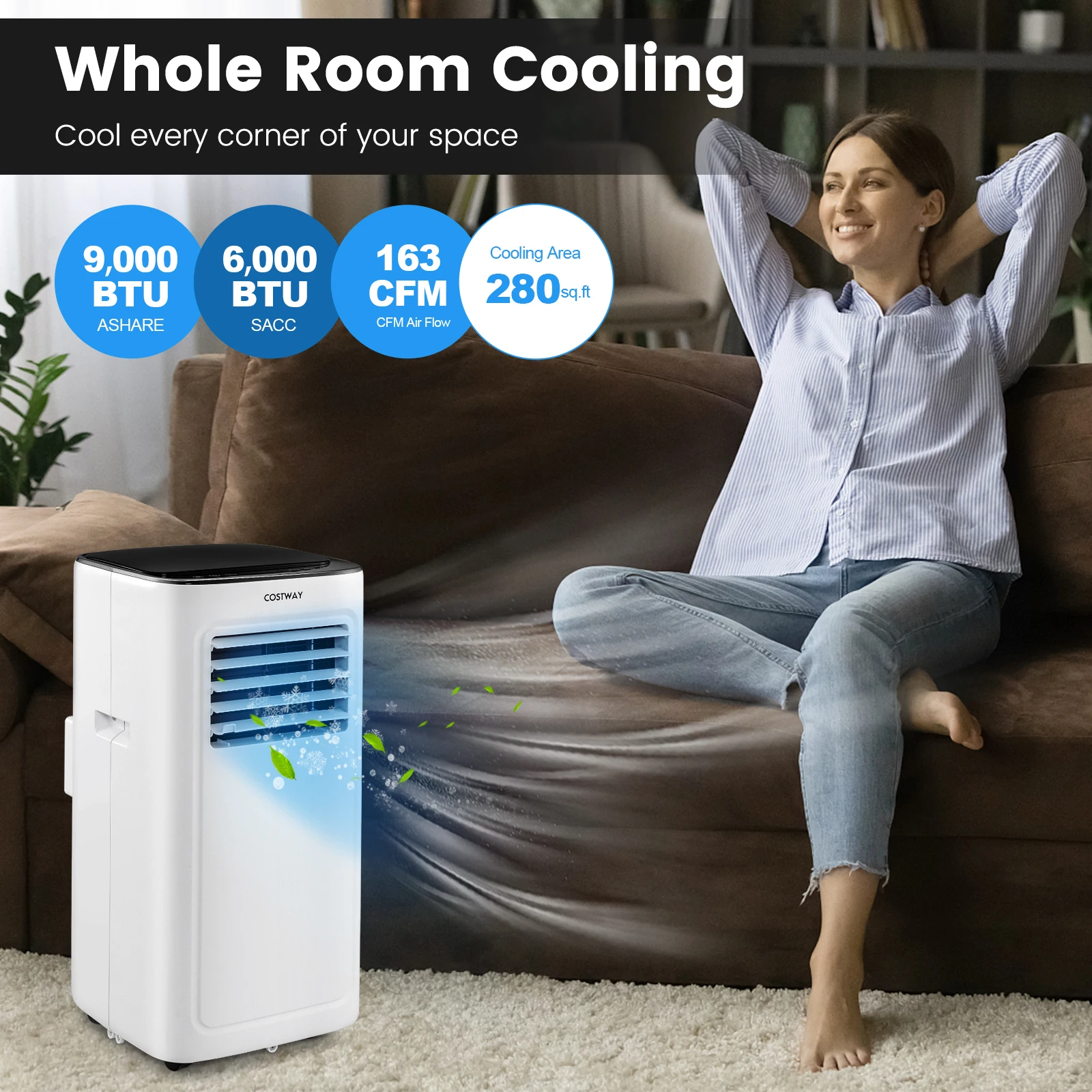 Climatiseur portable 3 en 1 9000 BTU, avec ventilateur de refroidissement, mode veille