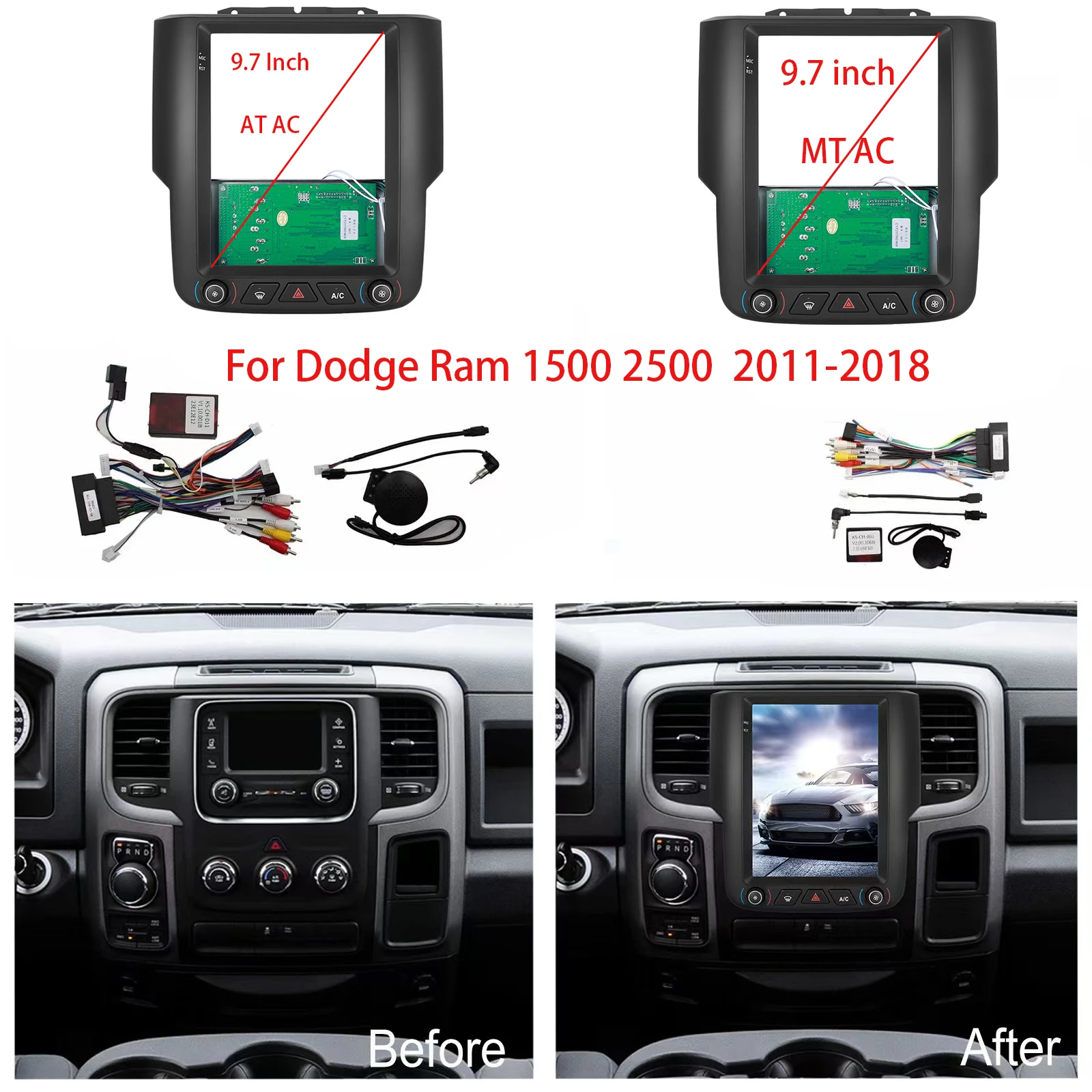 Car Radio Fascia Frame For Dodge Ram 1500 5500 2011-2018 9.7 inch Stereo Panel Wiring Harness Power Cord Cable Canbus Decoder