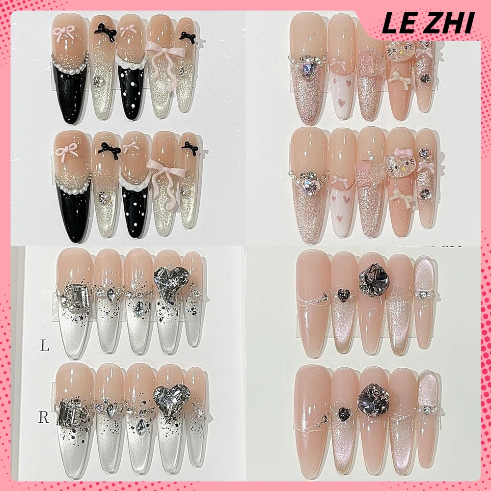

10Pcs Fashion Long Stiletto Ellipse Shining Rhinestone Fake Nails Bowknot Pearl Cat Eyes Hello Kitty Removable Press On Nails