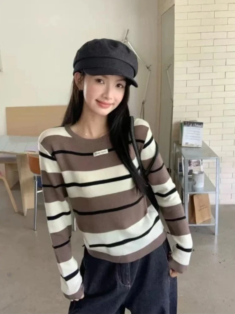 

Контрастные полосатые лоскутные пуловеры с круглым вырезом, женские осенне-зимние 2025, облегающие свитера в стиле Харадзюку, корейские модные базовые топы