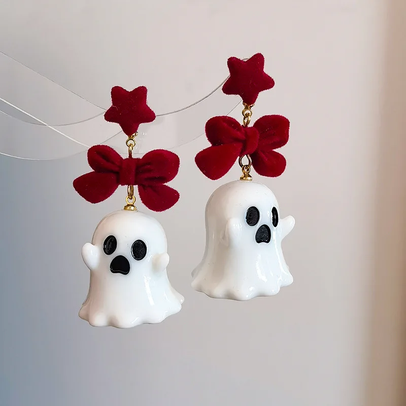 Korean Lovely Red Star Ghost Earrings for Women White Resin Ghost Drop Earring New Year Christmas Halloween Party Jewelry Gift