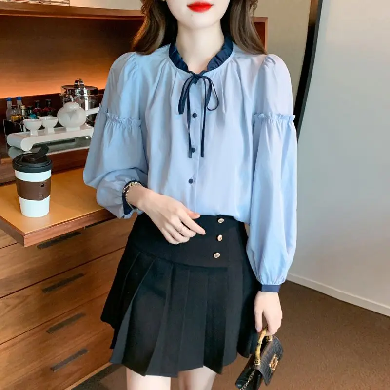 Autumn Thin Women Clothing Casual Solid Color Korean Fashion Loose O-neck Buttons Patchwork Lacing Pleated Long Sleeve Blouses