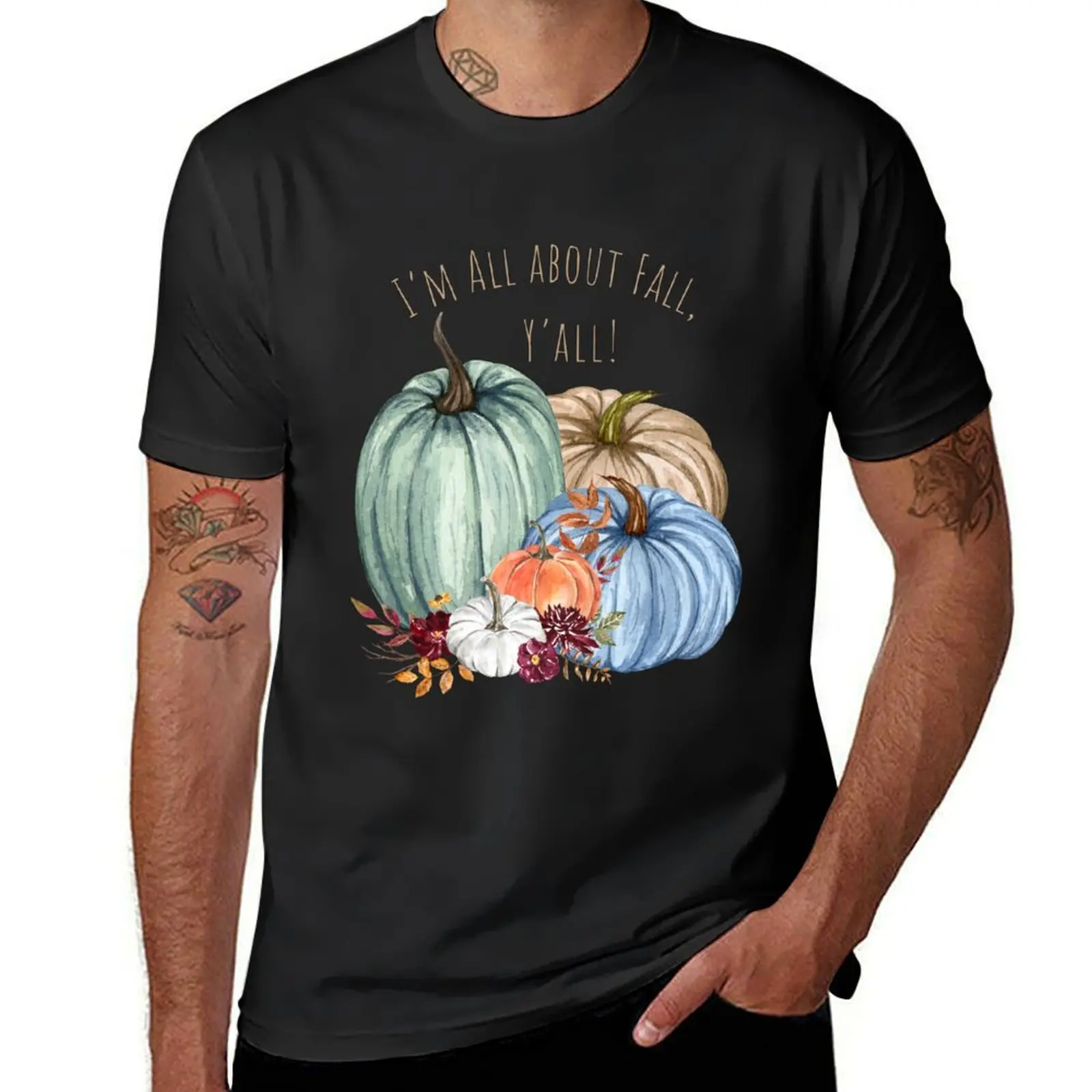 I’M ALL ABOUT FALL Y’ALL! Colorful fall pumpkins, flowers and leaves. T-Shirt kawaii clothes Men's t-shirts