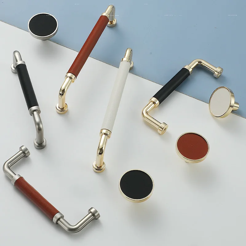 Colorful Handmade Leather Handle Nordic Zinc Alloy Luxury Wardrobe Door Handle Simple Solid Color Leather Cabinet Handle