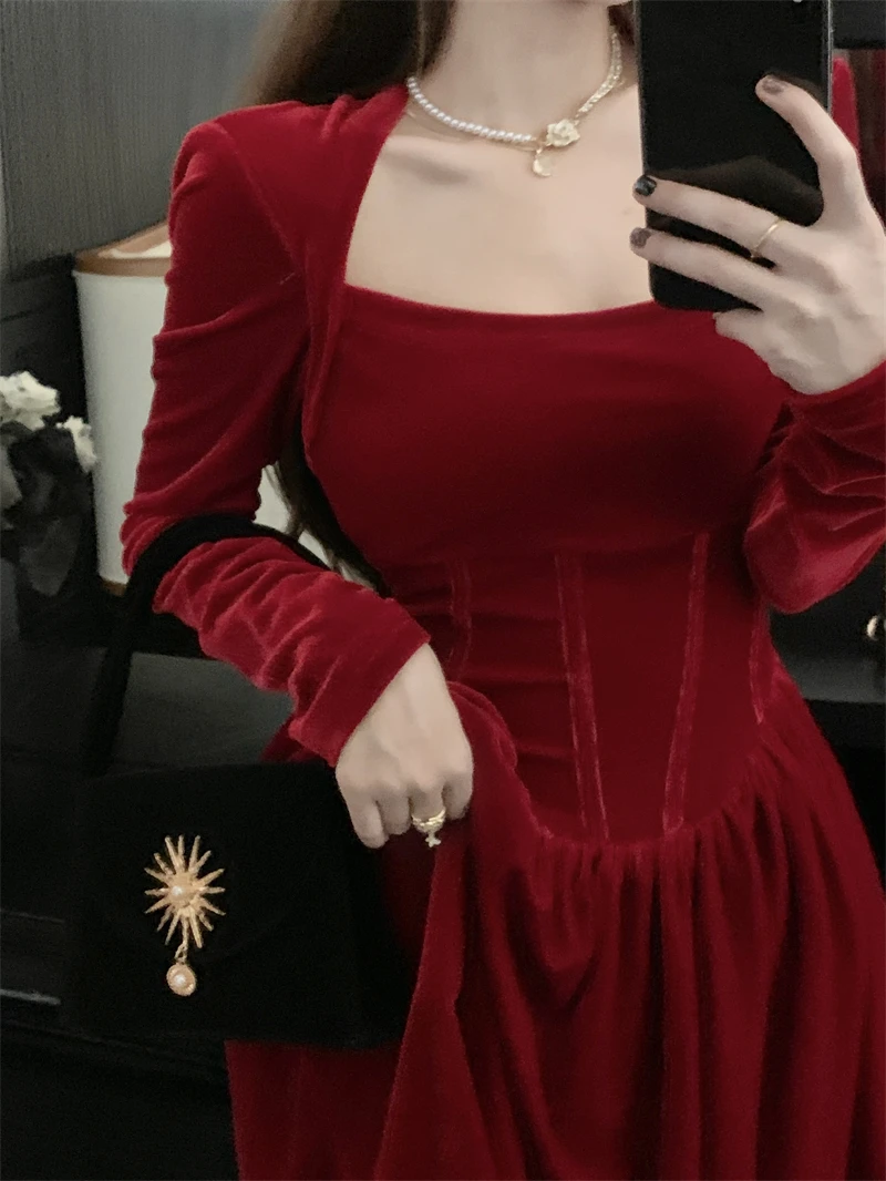 Abito in velluto donna colletto quadrato autunno Fashion Party Solid Tender stile coreano tempera attraente Ulzzang abiti a maniche lunghe