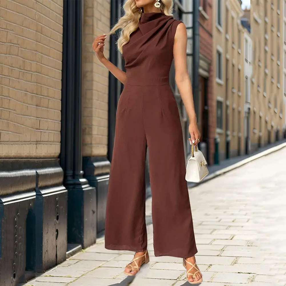 Women Sleeveless Jumpsuit Stylish Women\'s Sleeveless Wide Leg Jumpsuit for Work Daily Wear Elegant Pure Color Half-high Collar