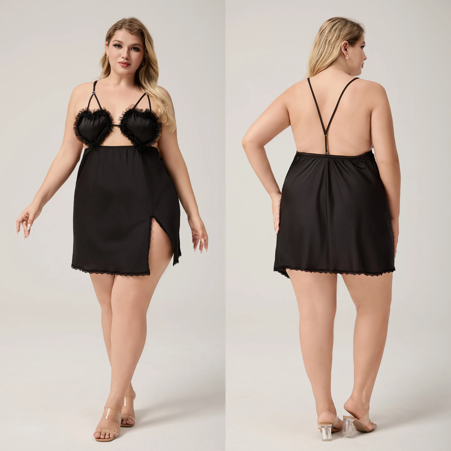 

Large Size 5XL Black Female Nightgown Sleepwear Sexy Lace Split Suspender Nightdress Lingerie Summer Ice Silk Homewear