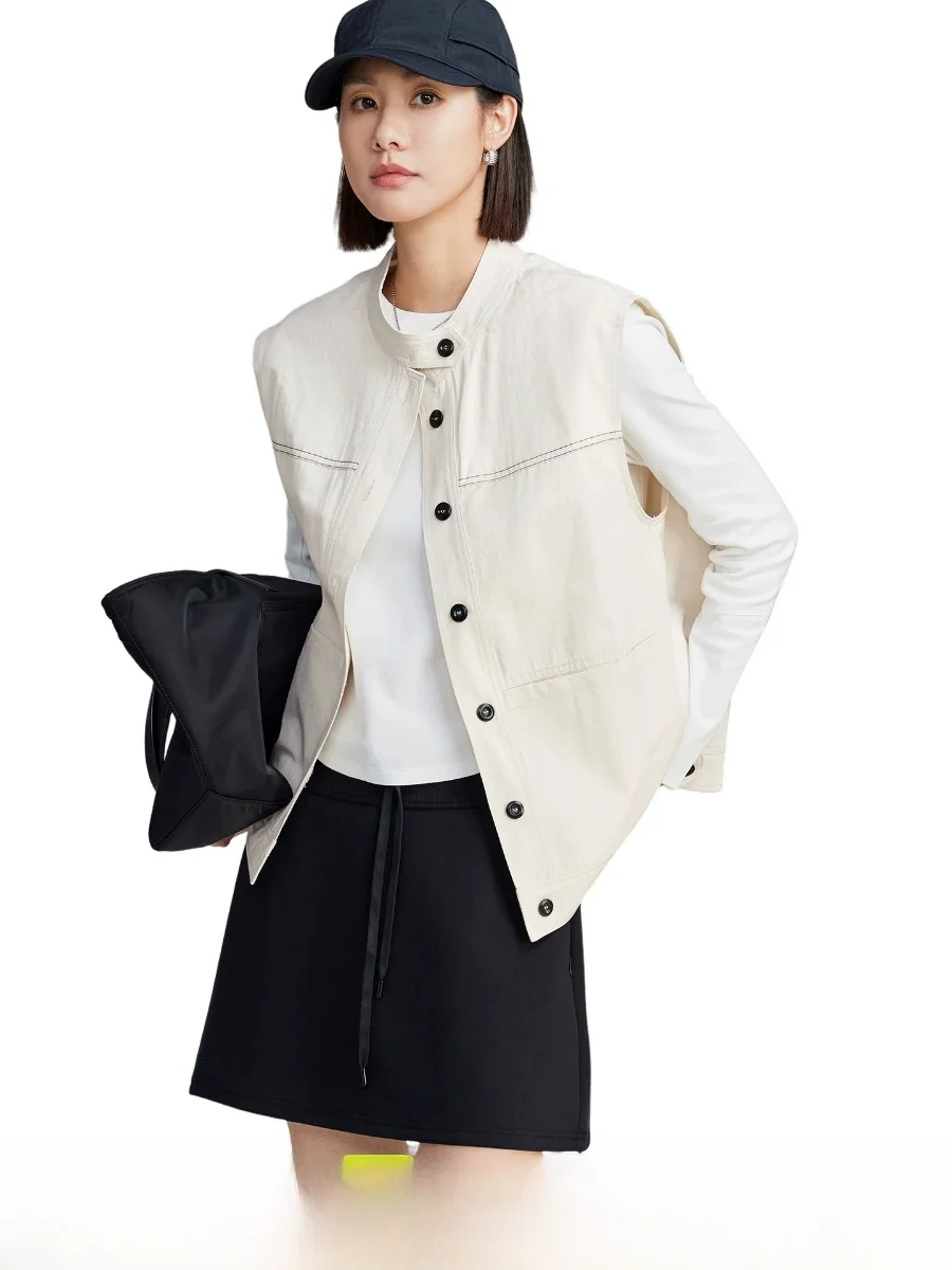 

Simple Elegant Cotton 100 Sleeveless Stand Collar Open Cardigan Vest Women Spring Casual Style Pure Color Button Detail