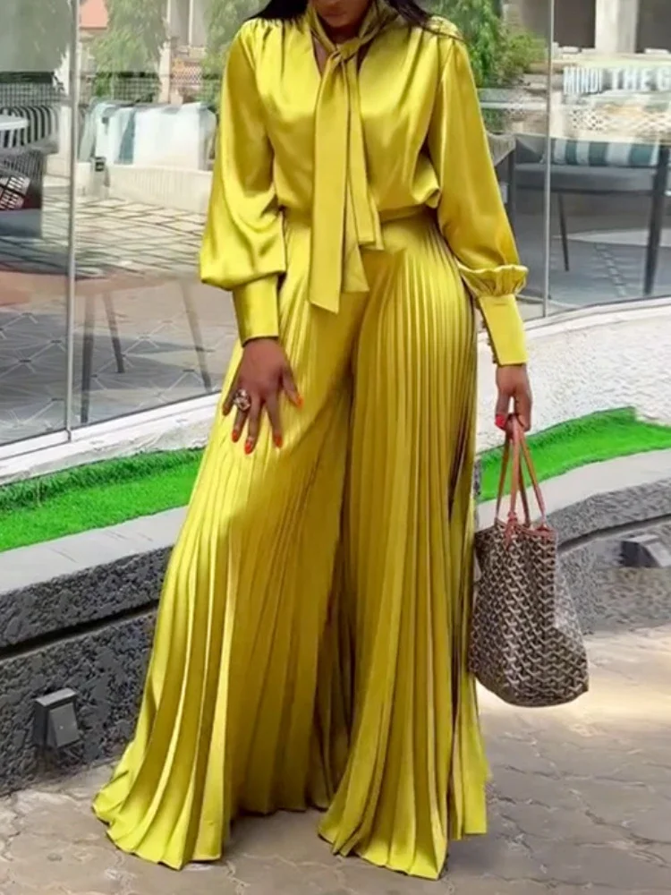 

Two Piece Sets Women Outfits V Neck Lace Up Long Lantern Sleeve Tops Wide Leg Pleated Trousers Streetwear Party Causal Pant Sets