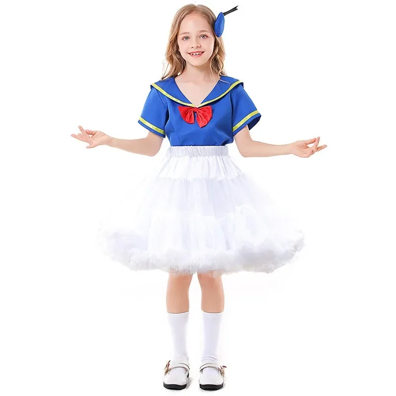 Children Girls Cartoon Duckling Dance Fluffy Skirt Red Tie Set Blue Short Sleeved Sailor Suit Kids Halloween Costume