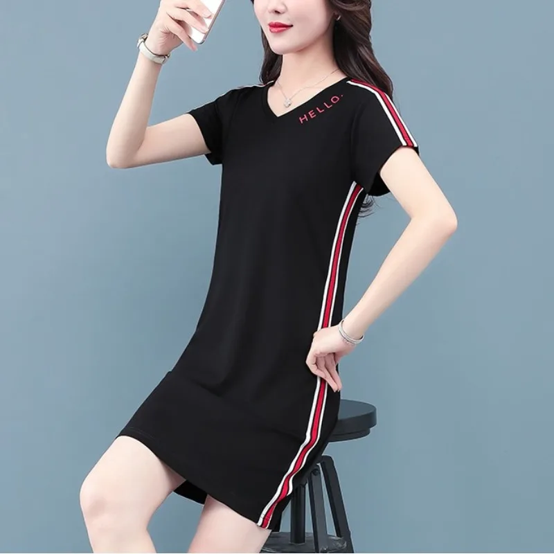 Summer V-Neck Pullover Solid Letter Embroidered Stripe Short Sleeve Casual Loose Office Lady Clothes for Women Elegant Dress