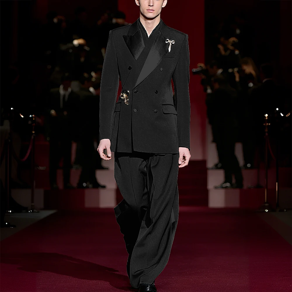 カスタムメンズスーツセット エレガントなピークドラペルブレザーパンツ ダブルブレストモデルショー カジュアルプロムパーティー 男性用スーツ ツーピース