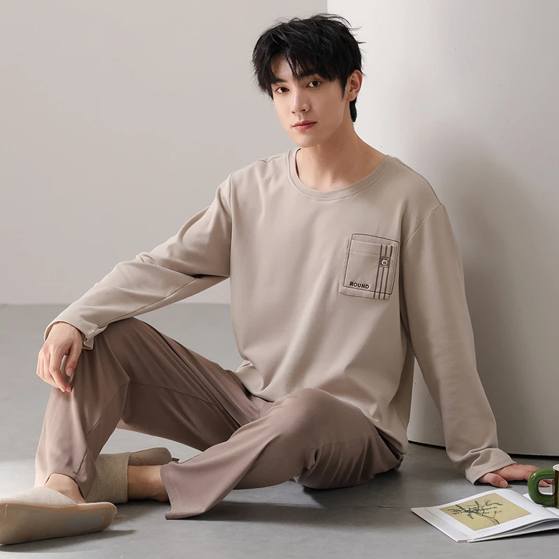 New Type Pure Cotton Pajamas Suit Autumn Winter Men Long-sleeved Large-size Lycra Cotton Loungewear Set Male Soft Homewear Gents