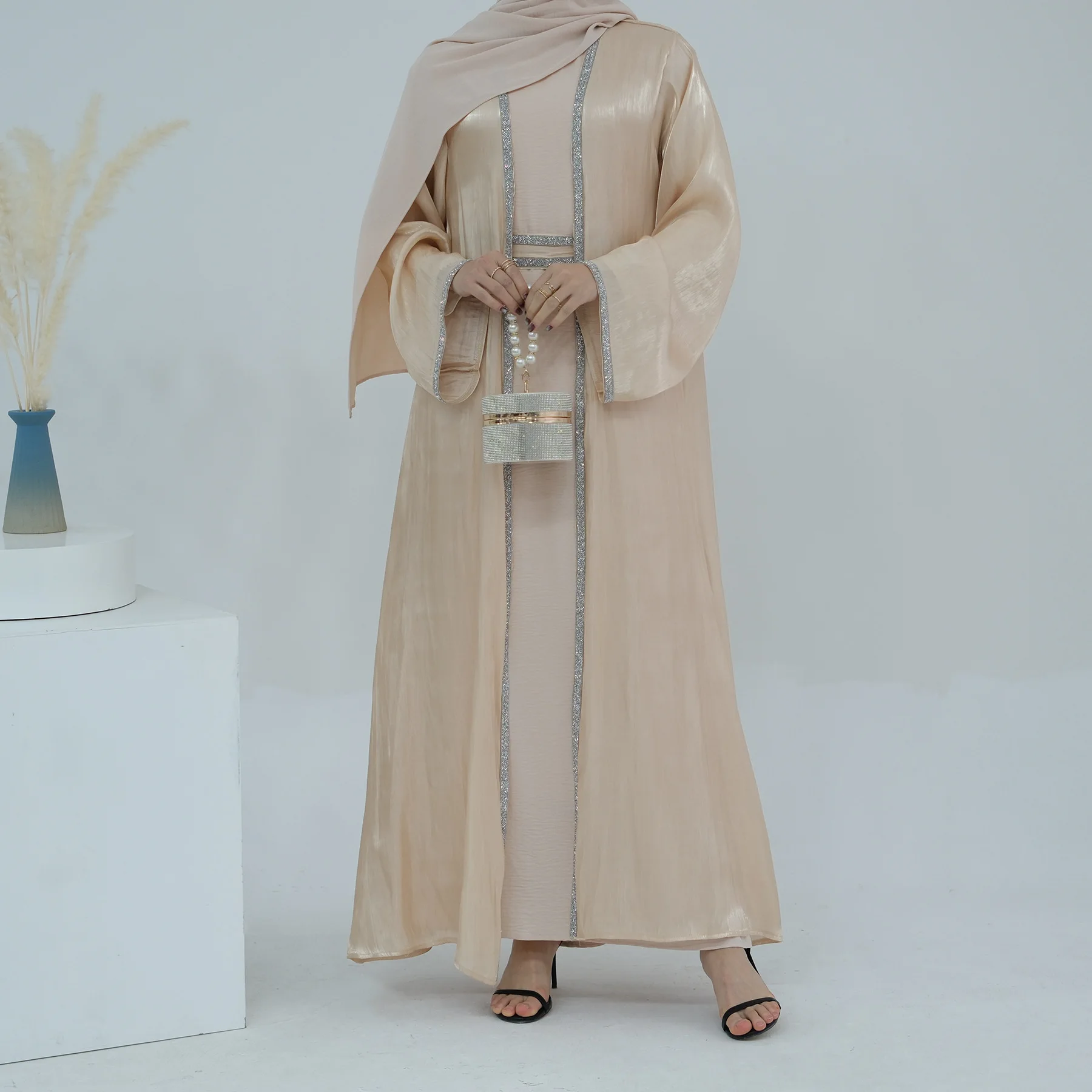 2024 New Dubai Abaya Coat and Innder Dress Sets for Muslim Women Islam Clothing Türkiye Daily Solid Colot Robe Cardigan