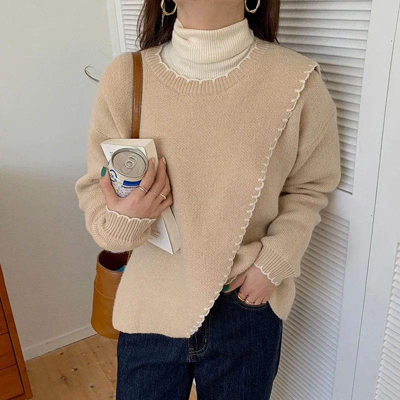 

Spring Elegant Chic Sweater Autumn Women O-neck Contrast Loose Split Long Sleeve Pullover Casual Office Lady Fashion Knitwear