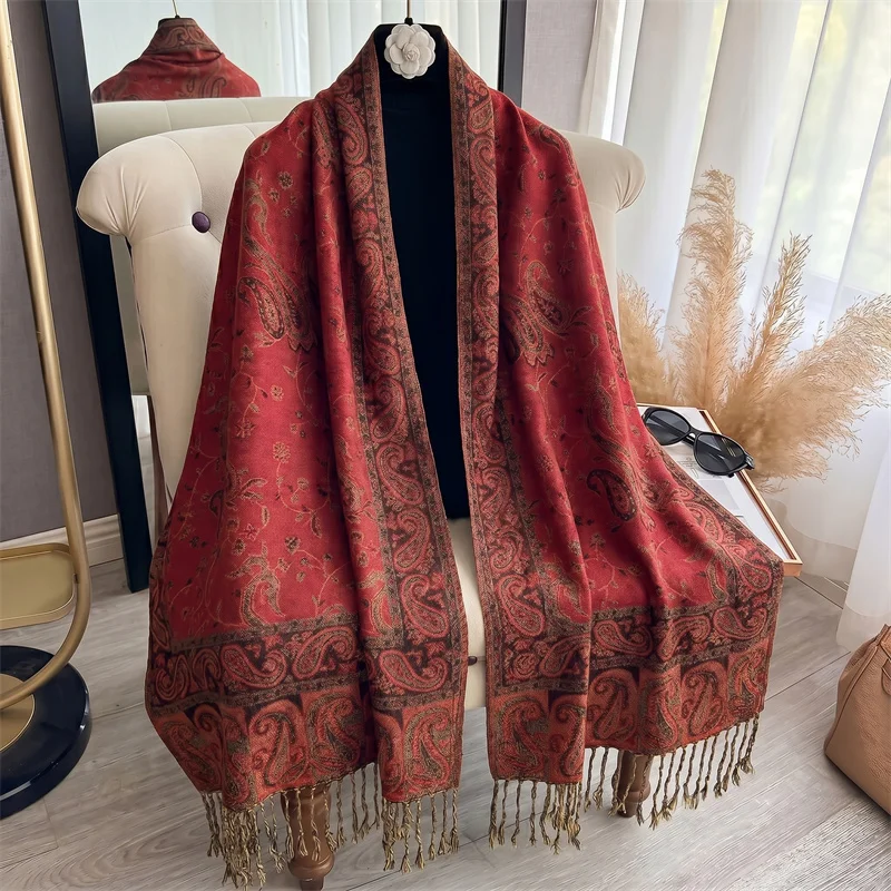 Luxury Burgundy Red Paisley Jacquard Scarf Women Tassel Trim Cashmere Feel Shawl Wrap Professional Scarves For Office Gift