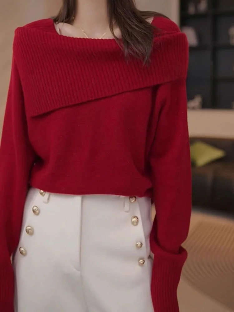 

Faionable Long Sve Color Вязаный свитер Удобный мягкий дизайн на одно плечо Корейский женский свитер Camere