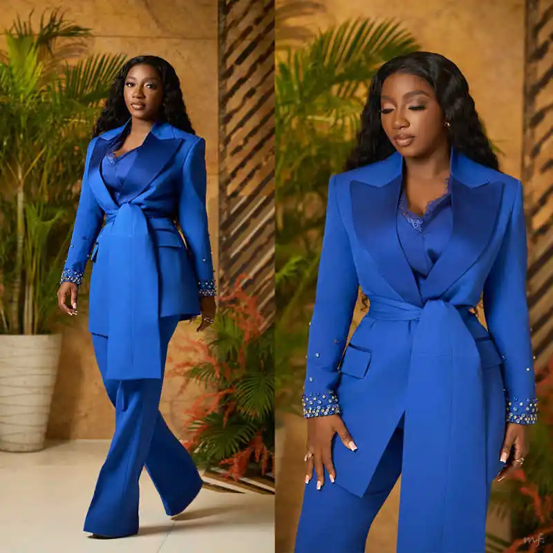 

Fashion 2 Pieces Women Suits Peaked Lapel With Belt Office Ladies Work Jacket Blazers Crystals Business Party Customized