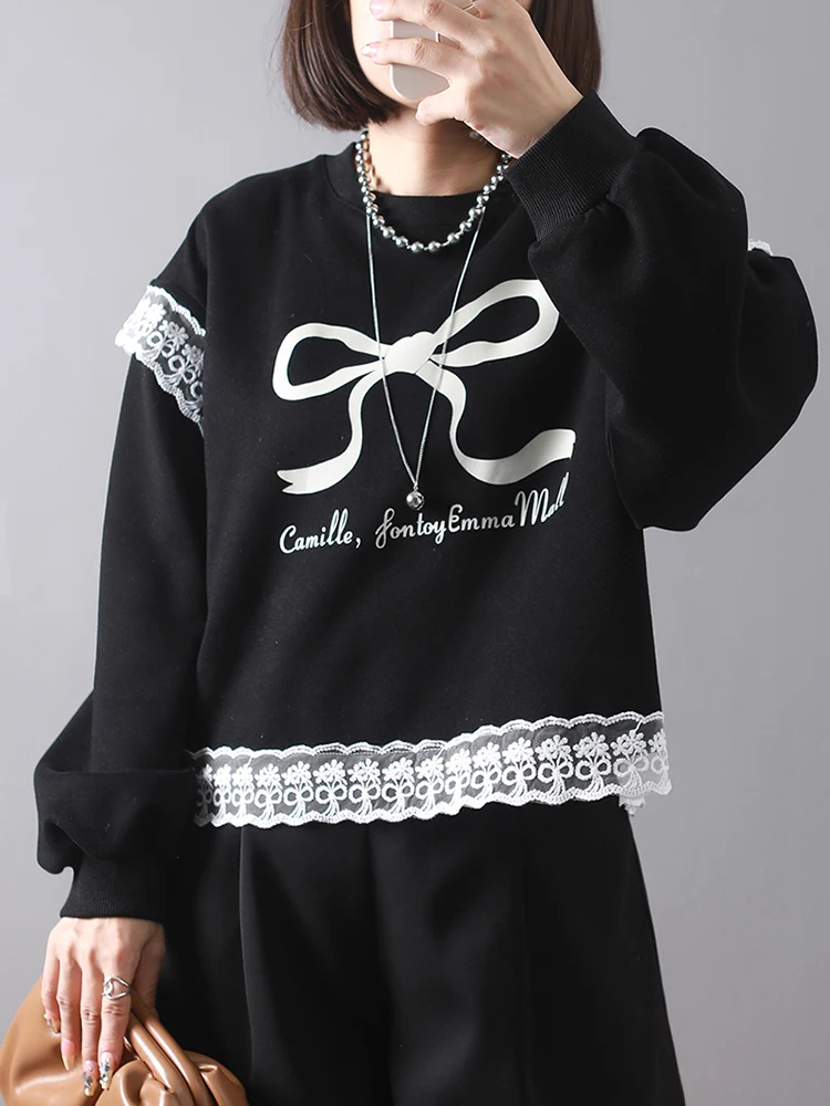 Fashion Lace Printed Bow Sweatshirts Women Black Grey Autumn Winter Long Sleeve Casual Grey Pullovers Female 2024 New Y2K Hoodie