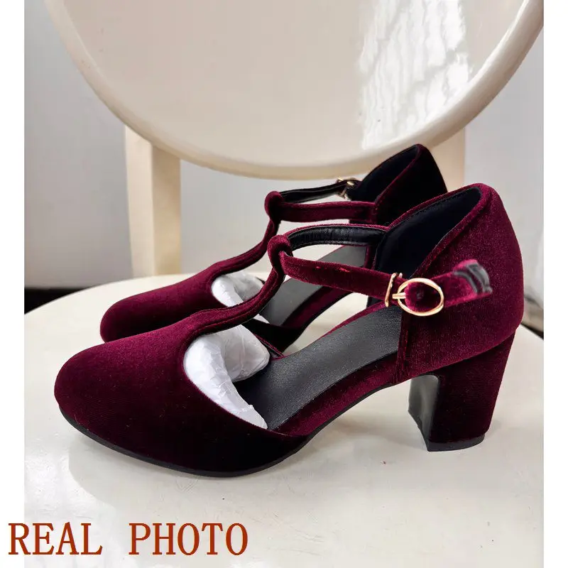 SIMLOVEYO Big size 44 45 46 strap sandals women wedding Shoes Buckle flock closed toe satin pumps shoes summer spring footwear