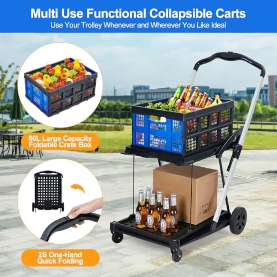 2-Tier Collapsible Utility Garden Cart Lightweight Aluminum, Black, 198 lb Capacity with Removable Storage Crate and Smooth Whe