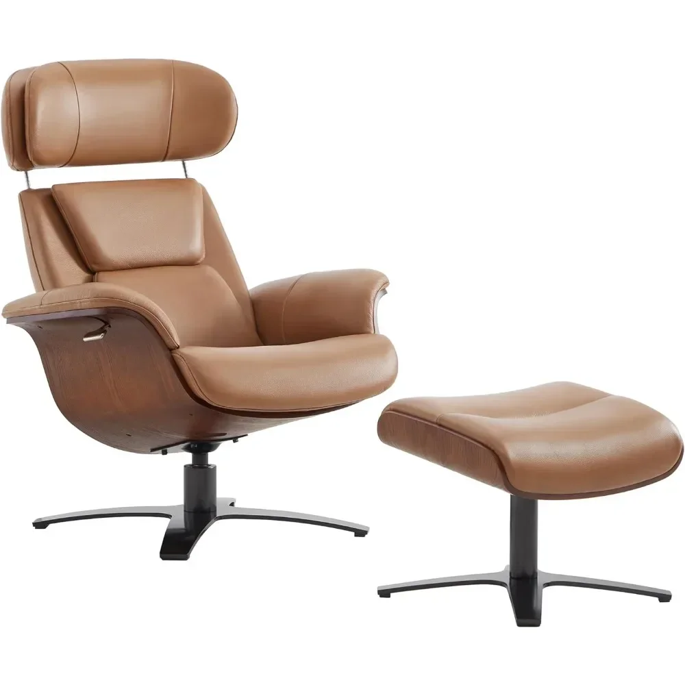 Genuine Leather Reclining Swivel Chair with Adjustable Headrest and Ottoman for Living Room,Saddle，Arm Rest,Cushion Availability