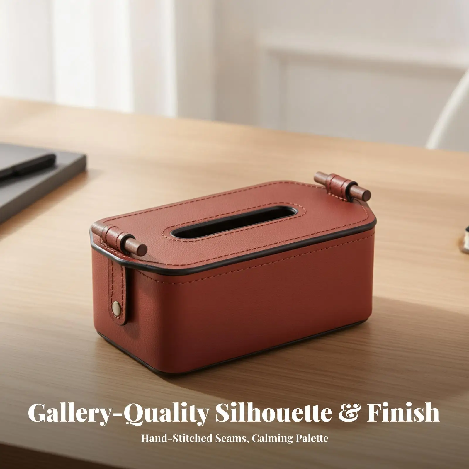 Tissue Holder with Top Dispensing Slot | Warm Wood Detailing, Smooth Wipe-Clean Exterior, Rectangular Tissue Box with Rounded